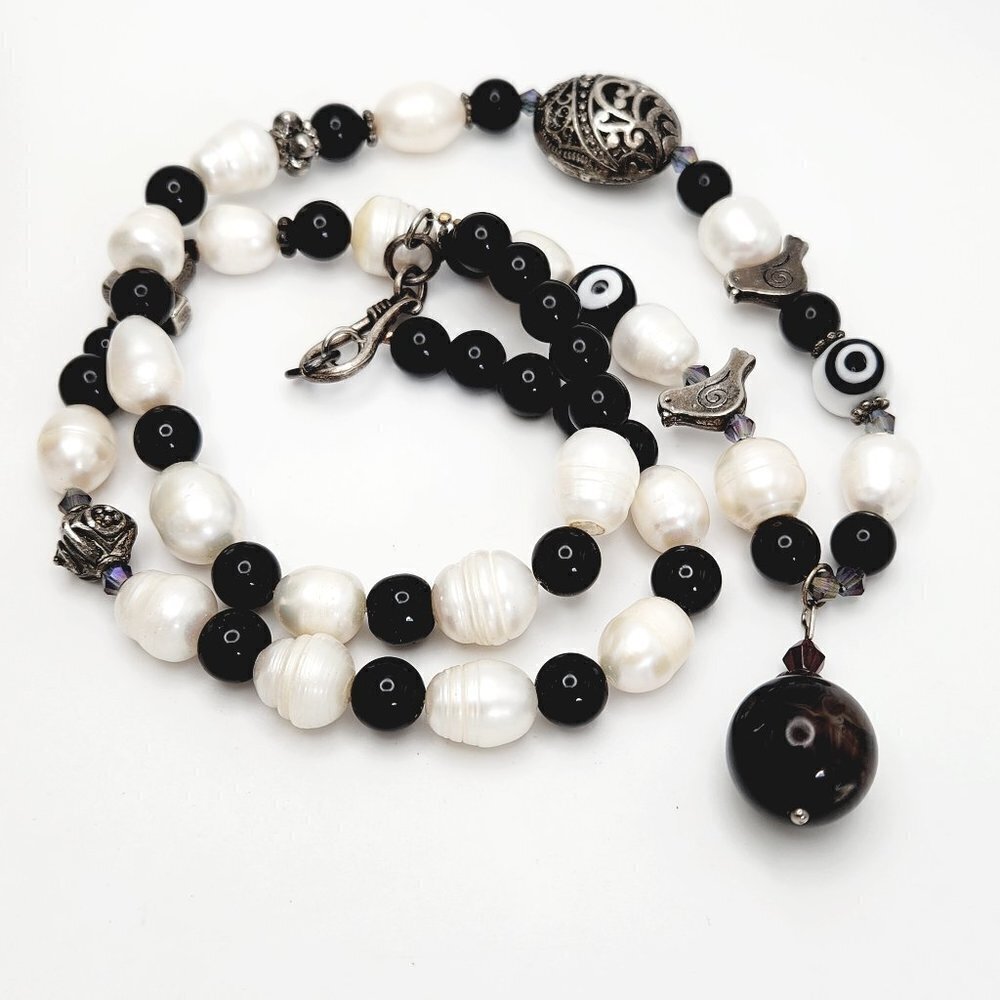 Genuine Pearl & Onyx Beaded 925 Sterling Silver Evil Eye Bird Cross Necklace